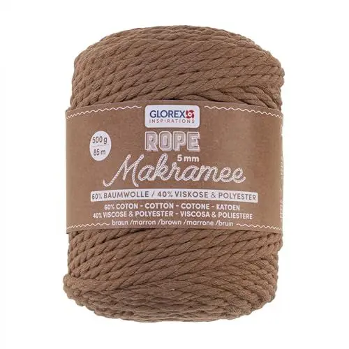 Produktbild: GLOREX 5 1007 21 - Makramee Rope 5 mm, 500 g, Braun, Länge 85 m, superweiches Textilgarn aus 60 % Baumwolle, 40 % Viskose, zum Häkeln, Stricken, Knüpfen und textilen Gestalten