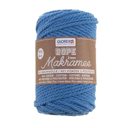 Produktbild: GLOREX 5 1007 38 - Makramee Rope 3 mm, 250 g, Neon Blau, Länge 63 m, gedreht, superweiches Textilgarn aus 60 % Baumwolle, 40 % Viskose, zum Häkeln, Stricken, Knüpfen und textilen Gestalten
