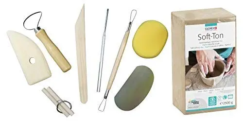 Produktbild: GLOREX 6 8075 301K - Set für Kreative: Soft Ton 2500 g in weiß, lufthärtend oder brennbar und 8 teiliges Set mit strapazierfähigem Modellierwerkzeug