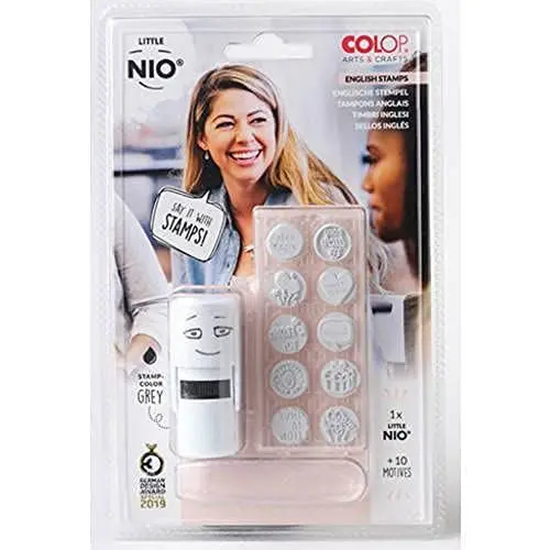 Produktbild: Glorex 6 2248 120 120-Colop Stempel Set von Little Nio mit 10 austauschbaren Motiven, Design Englisch, Stempelkissen mit Grauer Tinte, zum Verzieren von Gegenständen, Geschenken und Karten, weiß