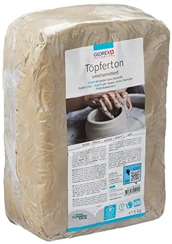 Produktbild: Glorex 6 8073 605 - Töpferton unschamottiert, 5 kg in weiß, geschmeidig und leicht zu verarbeiten, ohne Schamottanteil, lufthärtend und brennbar, für Töpferscheibe geeignet