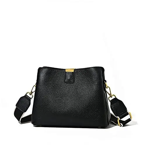 Produktbild: GLORIS Damen Umhängetasche, Leder Damen Tasche, Frau Schultertasche Leder, Crossbody Bag breiter Schultergurt (Schwarz)