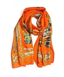 Produktbild: GLORIS Schal Damen dünn seidig groß 180 x 90 cm orange mit floralem heraldischem Muster. Schal für Frauen. Schal Halstuch Schal. Seidenschal Elegant. Pareo. Strandschal