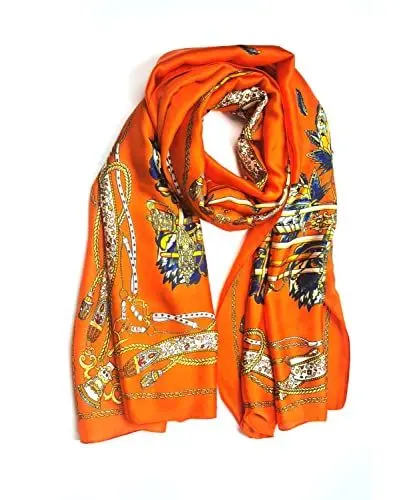 Produktbild: GLORIS Schal Damen dünn seidig groß 180 x 90 cm orange mit floralem heraldischem Muster. Schal für Frauen. Schal Halstuch Schal. Seidenschal Elegant. Pareo. Strandschal