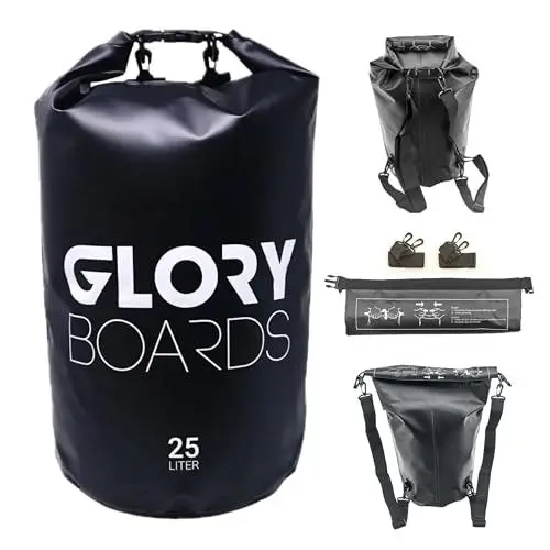 Produktbild: Glory Boards® Wasserdichter Dry Bag Rucksack - Ultra-Robust, leicht für Reisen, Schwimmfähig, mit Schultergurt für Stand up Paddling, Tauchen, Kajak, Rafting und Camping, 25 Liter, Schwarz