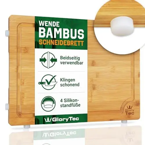 Produktbild: GloryTec® 2-in1 Schneidebrett groß auf 100% Bambus-Holz mit XXL Saftrille, 40x30 cm und 2cm stark, mit Standfüßen zum hygienischen Abtropfen, Schneidbrett f. Küche, Antibaktierelles Bambus-Holzbrett