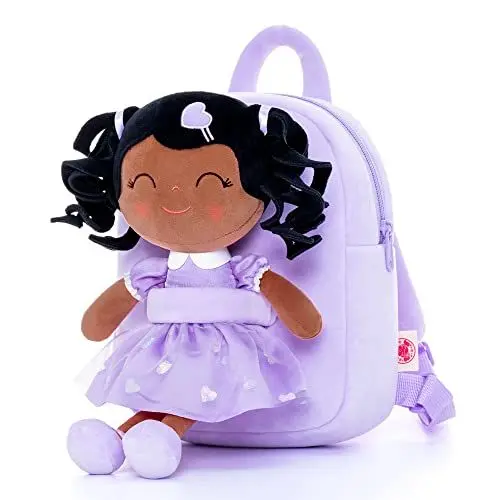 Produktbild: Gloveleya Kleinkind Rucksack Baby Mädchen Geschenk Plüsch Tasche Wickeltasche mit Frühling Mädchen Puppe lockiges Haar Mädchen Spielzeug mit Liebe Braun Lila 9 Zoll