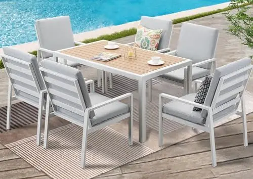 Produktbild: GLP Gartenlounge-Set Garten-Essgruppe, (Gartenmöbel Set, 7-TLG., 6 Sessel, 1 Esstisch, inkl. Auflagen, Aluminium), Wetterfest Gartenlounge Set, 9400-P1+P2