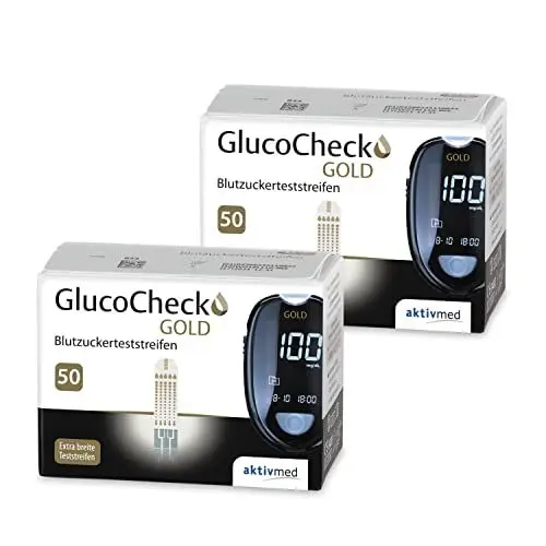 Produktbild: GlucoCheck GOLD - 100 Blutzuckerteststreifen zur Kontrolle des Blutzucker-Wertes - Anwendbar mit dem GlucoCheck GOLD Blutzuckermessgerät