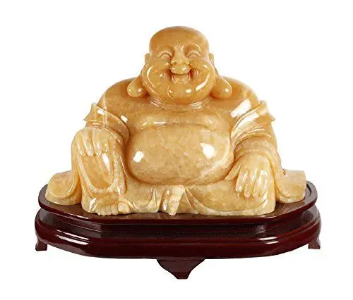 Produktbild: Glücksbuddha aus Orangencalcit mit rotlakiertem Holzsockel, fröhlicher Buddha, lachender Mönch, Hotei, Riesen Buddha Figur, Buddhismus, Massiv, Größe: 36,5 x 56 x 24 cm, Gewicht: 50 Kg