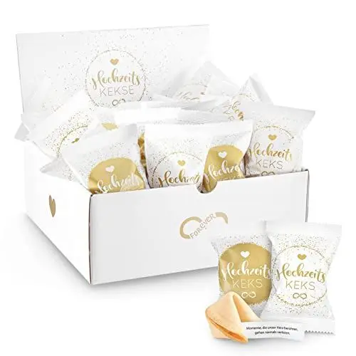 Produktbild: Glückskekse Hochzeit 25er Box Hochzeits-Kekse Glückskekse mit Liebesversen als Hochzeitsgeschenk oder für die Candybar | frisch gebackene und vegane Idee für jeden Weddingplanner & made in Germany