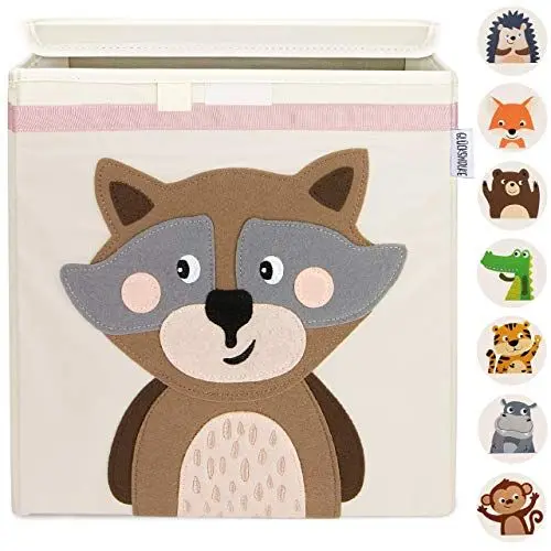 Produktbild: GLÜCKSWOLKE Kinder Aufbewahrungsbox - 15 Motive I Spielzeugkiste mit Deckel für Kinderzimmer I Spielzeug Boxen (33x33x33) zur Aufbewahrung im Kallax Regal I Waldtiere Motiv (Wanda Waschbär)