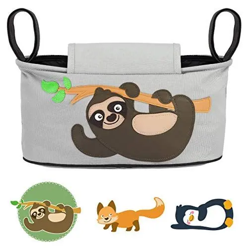 Produktbild: GLÜCKSWOLKE Kinderwagen Organizer - 12 Motive I Kinderwagentasche verschließbar I Kinder Buggy Tasche mit Feuchttuchspender I Baby Stroller Pram Bag I Aufbewahrungstasche (Fannie Faultier I grau)