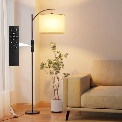 Produktbild: GLUROO Stehlampe Wohnzimmer mit Fernbedienung, Modern Standleuchte Bogenlampe mit 3 Farbwechsel, Stufenlose Helligkeit, Dimmbar LED Stehleuchte mit Fußschalter