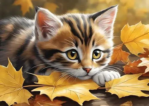 Produktbild: GLXPOG Diamond Painting Tabby-Katze 5D Diamant Painting Bilder Set, Ahornblatt HerbstDiamant Art Malerei Painting Kit für Erwachsene, DIY Strass Stickerei Malerei Wand Dekor 30x40cm