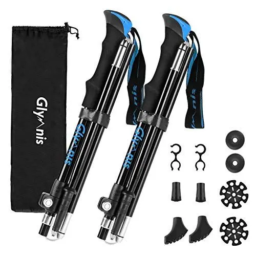 Produktbild: Glymnis Wanderstöcke Trekkingstöcke Walking Stöcke 7075 Aluminium Wanderstock verstellbar 110-130cm und Klemmverschluss mit 4 Paar Gummipuffers für Trekking (Blau)