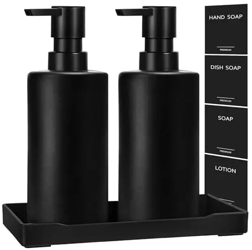 Produktbild: GMISUN Seifenspender Schwarz, 350ml Seifenspender Glas Set, Modern Spülmittelspender Küche, Soap Dispenser Set mit Tablett und wasserdichte Etiketten, Handseifenspender