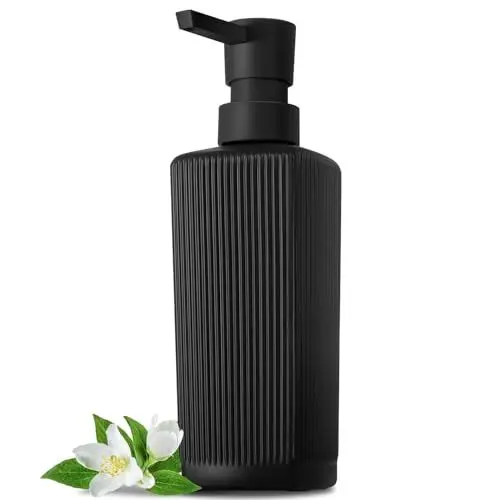 Produktbild: GMISUN Seifenspender, 400ml Seifenspender Schwarz, Vertikal Gestreifte Spülmittelspender Küche Mit Flacher Pumpenkopf, Glas Spülmittelspender, Quadratische Handseifenspender Für Küche Und Bad
