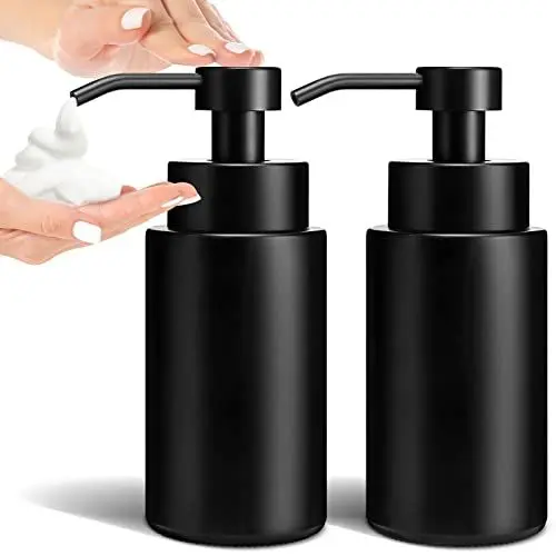 Produktbild: GMISUN Seifenspender Schwarz matt, 350ml Seifenspender Glas mit Schaum Pumpenkopf, Schaumseifenspender Set mit Etikett für Küche,Bad -2 Stücke