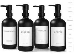 Produktbild: GMISUN Shampoo Flaschen zum Befüllen, 4 Stück 500 ml Duschgel und Shampoo Spender für Dusche, Glas Seifenspender Dusche schwarz matt, Stilvoll Duschspender für Bad, Modern Duschgelspender für Dusche