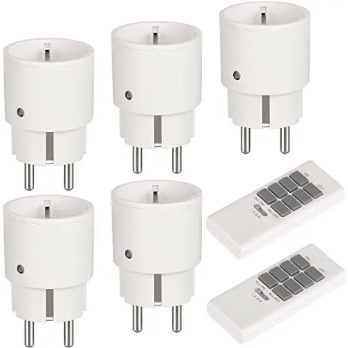 Produktbild: Gmornxen Steckdose mit Fernbedienung 2300W, 5er Funksteckdosen mit 2er Fernbedienung, Programmierbar Funksteckdosen Set Reichweite 70m, Funkschalt Set Selbstlern-Funktion für Haushaltsgeräte, Weiß