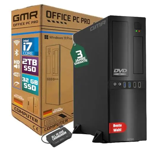 Produktbild: GMR Ultra Slim Desktop PC Intel i7 32GB RAM 2000GB SSD USB 3 WiFi Bluetooth Windows 11 Pro Office PC - Leistungsstarker Desktop PC Windows 11 mit DVD für Büroanwendungen