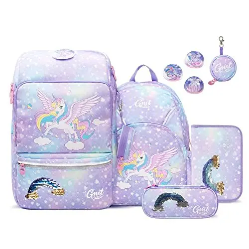 Produktbild: GMT for Kids Schulranzen Set 6-teilig Ergonomische Ultraleichte Schultasche Mädchen Junge Kinder Schulrucksack Grundschule Einhorn Schultaschen 1-4. Klasse Rucksack 22 L