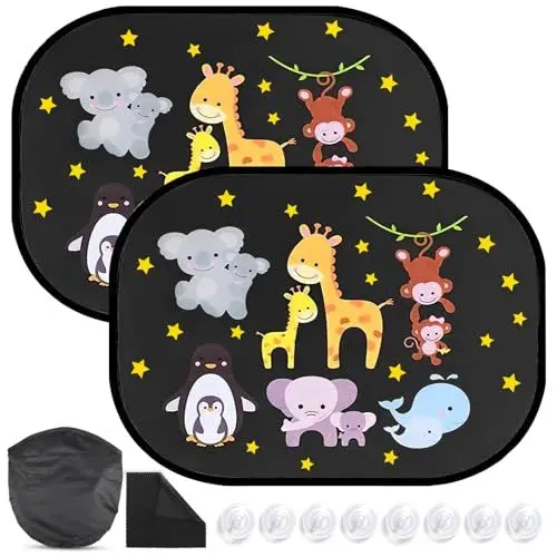 Produktbild: GmwyCzV 2 Stück Auto Sonnenschutz Baby mit UV Schutz, 44X36 cm Universal Sonnenschutz Auto Kinder, Autofenster Sonnenschutz mit 8 Saugnäpfen, Sonnenblende Auto für Kinder mit Süßen Tier Motiven