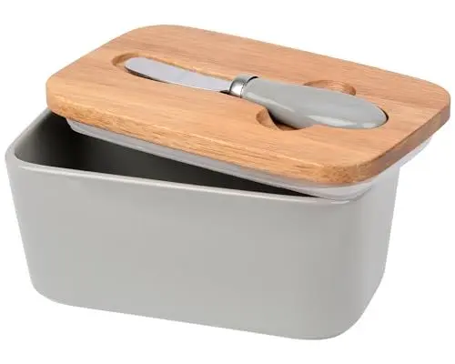 Produktbild: GMYIAK Butterdose mit Holzdeckel, Multi-Funktion Butter Dish, Porzellanbutterbehälter mit luftdichtem Verschlussdeckel und Edelstahl-Buttermesser, Dekoration und Zubehör für die Küche (Grau)