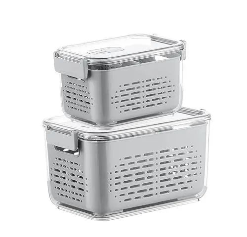 Produktbild: GMYIAK Frischhaltedosen,Doppel-KüHlschrank-Organizer,2er-Set 1.8L+5L,StaubgeschüTzt Mit Deckel,Mit Klappbarem Teiler und Sieb,Aufbewahrung Von Obst,GemüSe und Fleisch