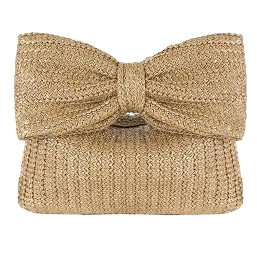 Produktbild: GMYIAK Luxus Schleife Stroh Tasche für Frauen Crochet Tote Handtasche Woven Purse Beach Rattan Female Clutch Bag für Sommer Party oder Hochzeit (Gold)