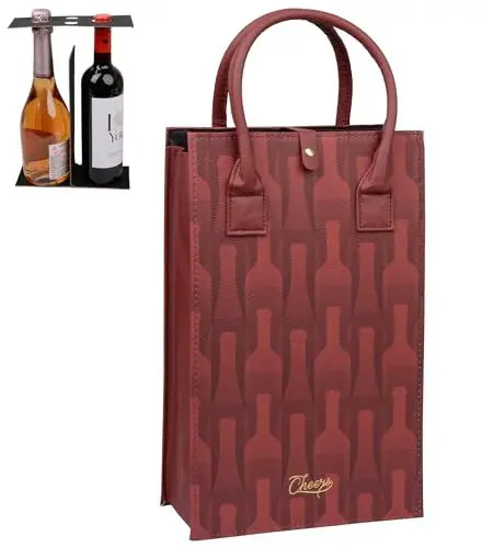 Produktbild: GMYIAK Portable 2 PU Leder Wein Tote Carrier, Wiederverwendbare Flasche gepolstert Fall mit Griffen, isolierte Wein-Kühltasche für Weinliebhaber Weihnachten (Rosa)