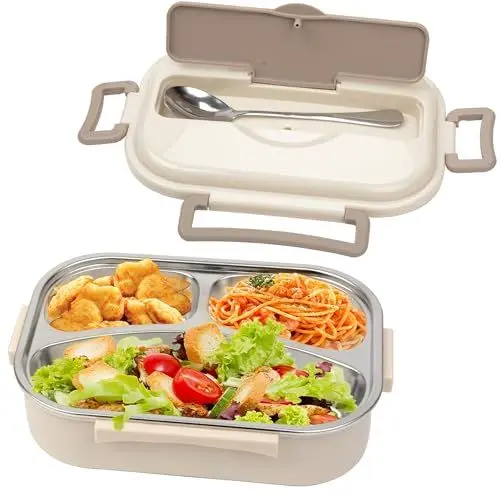 Produktbild: GMYIAK Tragbare Lunch Box mit 3 Fächern und Wiederverwendbarem Löffel,für Büro und Reisen,304 Edelstahl Isolierte Lunchbox 1 l