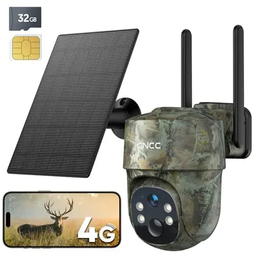 Produktbild: GNCC 4G LTE Solar Wildkamera mit Bewegungsmelder, Akku Überwachungskamera mit SIM Karte & SD Karte,Wildkamera mit Handyübertragung App Kabellos mit 2K Farb-Nachtsicht,355° Schwenkbar,IP66 Wasserdicht