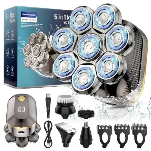 Produktbild: GnohGnoh Rasierer Herren elektrisch, Glatzen Rasierer Herren, 8 Rotierende Kopfrasierer Glatze, Wasserdichter Kopfrasierer für Männer mit Glatze, LED Anzeige Bart Nasenhaar Trimmer Pflege Kit