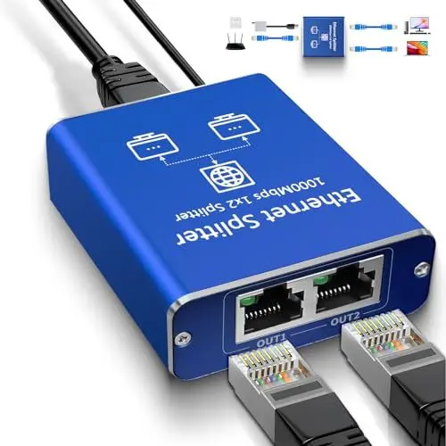 Produktbild: Goalake LAN Splitter 1 auf 2, Gigabit Ethernet Splitter, 1000Mbps RJ45 LAN Netzwerk-Splitter mit USB-C Stromkabel für Computer, Hub, Switch, Router, ADSL, Digital TV. gleichzeitig Arbeiten (1 to 2)