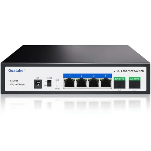 Produktbild: Goalake Multi-Gigabit Desktop-Switch, 4 Ports 2,5 G, Nicht verwaltet, 4 Base-T Ports 2,5 G, 2 SFP+ 10 G, 802.3X Flusskontrolle, 2,5 Gbe Netzwerk-Switch, ideal für kleine Büros