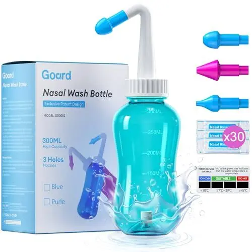 Produktbild: Nasendusche Set, 300ML, 30x Nasenspülsalz (2.7g),3 Aufsätze für Erwachsene & Kinder, Sanfte Atmung, nasenspülung salz nasenspülung, BPA-frei· Tampen Hygiene · Premium Nasenspülung