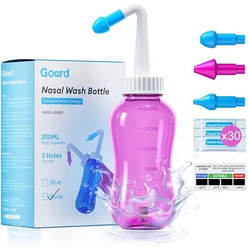 Produktbild: Goard Nasendusche Set, Nasendusche Erwachsene Kinder, Sanfte Atmung, 300 ml, BPA-frei, Nasenspülung lindert verstopfte Nase mit 30 Packungen Nasenspülsalz und Aufkleber-Thermometer