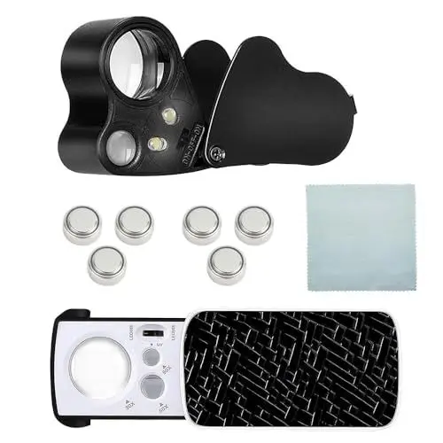 Produktbild: Gobesty 2 Stück Juwelierlupe mit Licht, 30X 60X 90X Beleuchtete Vergrößerungsglas, Taschen Lupe mit LED UV Licht, Linse 22 x 12mm Glas, Uhrmacherlupe für Rocks, Briefmarken, Modelle, Fotos (Schwarz)
