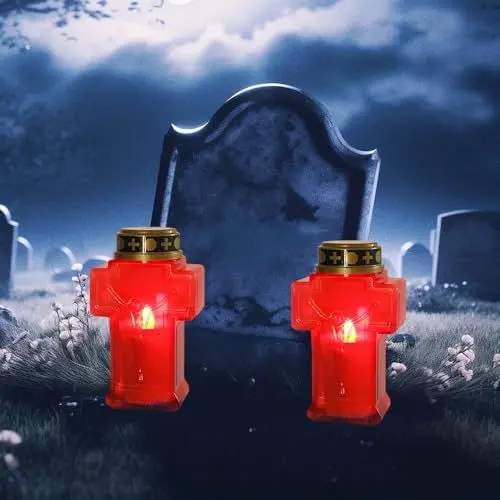 Produktbild: Gobesty 2 Stück LED Grabkerze, Grablichter für den Außenbereich, Wasserdichte Outdoor Flammenlose Kerzenlicht Friedhofskerze Grablaterne für Halloween