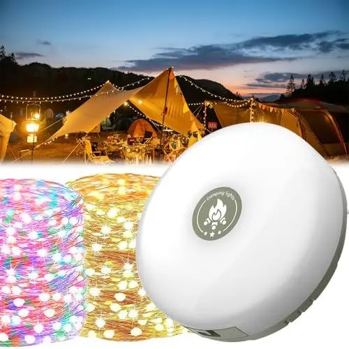 Produktbild: Gobesty Camping Lichterkette Aufrollbar, 2-in-1 Tragbare Camping Lichterkette 10M, Wasserdichte Lichterkette Aufrollbar mit 5 Beleuchtungsmodi, Led Campinglampe Aufladbar für Outdoor Camping Hof Dekor