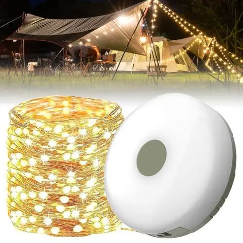 Produktbild: Gobesty Camping Lichterkette Aufrollbar, Wasserdichte Tragbare Verstaubare Lichterkette Für Den Außenbereich, Campingleuchte Mit 10m Led Lichterkette Für Zelt Camping Hof Dekoration Warmes Licht