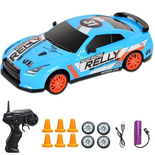Produktbild: Gobesty Ferngesteuertes Auto ab 6 Jahre, 1:24 RC Drift Car, 15KM/H 4WD Ferngesteuertes Rennauto mit Arbeitsscheinwerfern, 2,4GHz Spielzeugauto RC Car, Geschenke für Kinder und Erwachsene