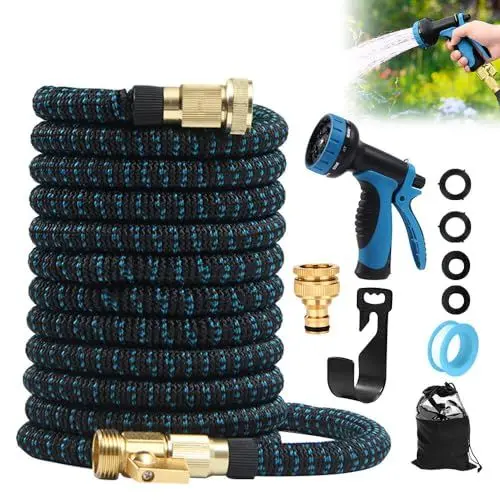 Produktbild: Gobesty Flexibler Gartenschlauch 15M, Wasserschlauch Flexibel, Dehnbarer Wasserschlauch mit 10 Funktionsdüse Brause, Leichter und Knickfreier Flexischlauch, Gartenschläuche mit 3-Fach Latexkern (Blau)