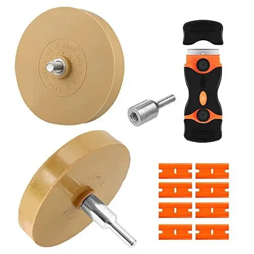 Produktbild: Gobesty Folienradierer mit Adapter, 2 Stücke Aufkleberentferner Radierscheibe, Radierer Gummi Aufkleber Entferner, Professionellen Entfernen von Folien und Kleberesten am Fahrzeug, Auto oder Motorrad
