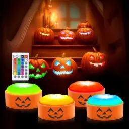 Produktbild: Gobesty Halloween Kürbis LED Lichter mit Fernbedienung, 4 Stück Halloween Kürbis Licht 16 Farben LED Kürbis Licht mit Timer, Batteriebetriebenes Flammenlose Kerzen für Halloween Dekoration