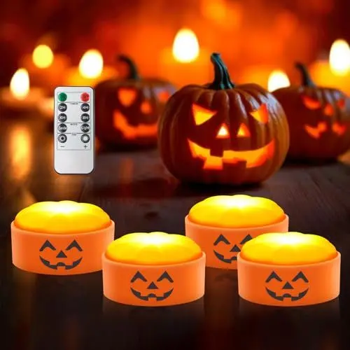 Produktbild: Gobesty Halloween Kürbis LED Lichter Mit Fernbedienung - 4 Stück Batteriebetrieben, Timer, Jack-O-Laterne, Flammenlose Kerzen für Dekoration