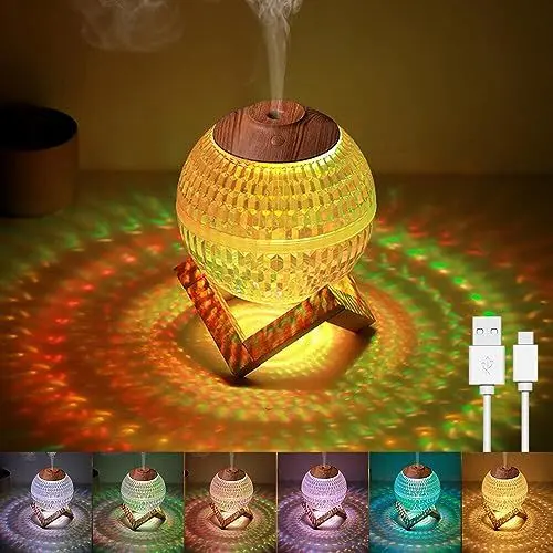 Produktbild: Gobesty Kristall Nachtlicht Luftbefeuchter mit 7 Farben LED Licht, Ultraschall Luftbefeuchter 450ml, Silent Diffusor Aroma Diffuser für Duftöle, Elektrische Duftlampe Holz, Humidifier für Schlafzimmer