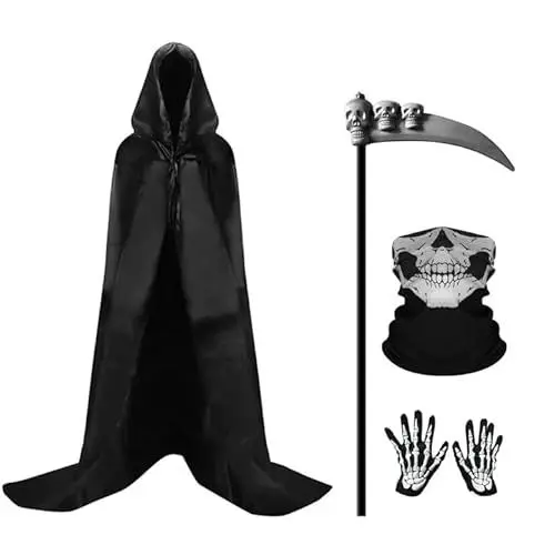 Produktbild: Gobesty Sensenmann Kostüm Herren, Halloween Umhang, Reaper Kostüm, 4-teiliges Tod Kostüm Set mit Mantel, Requisiten Sense, Handschuhe, Holographische Totenkopfmaske, für Erwachsene Cosplay, Schwarz